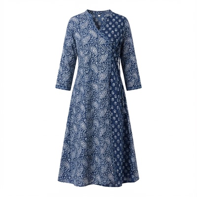印度女装藏蓝传统休闲库塔上衣气质纯棉印花中长款异域风v领薄款