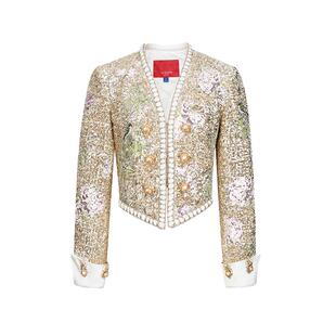 lefame拉飞姆中国风金色无领短款箱型珠片外套