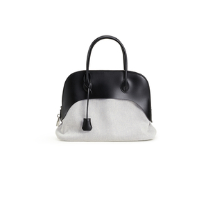 手工缝制进口真皮拼接设计帆布中古款万特保龄球包女包手提单肩包