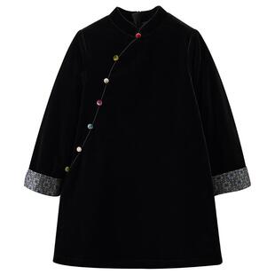 哈齿童装冬季儿童连衣裙黑色丝绒中长裙女童新中式长款棉服拜年服