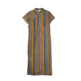 布符2025年夏季新款旗袍彩虹条纹出芽花扣短袖设计魅力复古迷人女