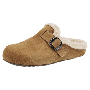 星期六真皮保暖毛绒勃肯鞋女鞋2025秋冬新款加绒一脚蹬厚底毛毛鞋