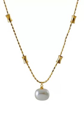 金色方糖珍珠吊坠项链女款高级感