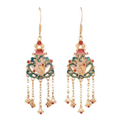 新中式鱼跃龙门耳环925银针烧蓝复古风耳坠高级感仿玉石流苏耳饰