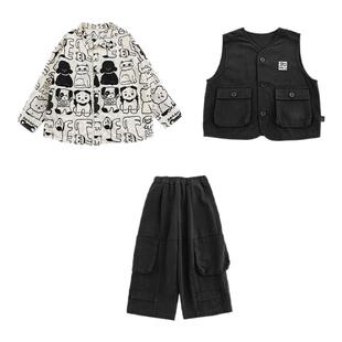 幼悠男童翻领小狗衬衫纯色百搭工装长裤叠穿马甲萌宠画报系列套装