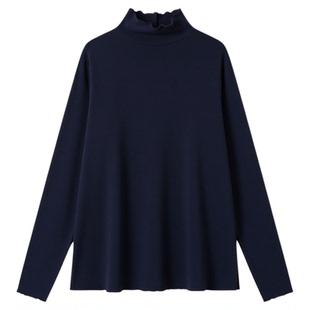 藏蓝色木耳花边堆堆领长袖T恤女春秋新款宽松显瘦内搭打底衫上衣