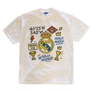 2025赛季皇马logo涂鸦印花短袖T恤足球球衣球服重磅纯棉300克长袖