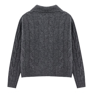 百家好翻领纽扣绞花绵羊毛针织衫上衣女春季新款加厚保暖白色毛衣