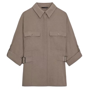 ZA外贸出口女装美式复古侧面搭扣游猎装款衬衫8130568