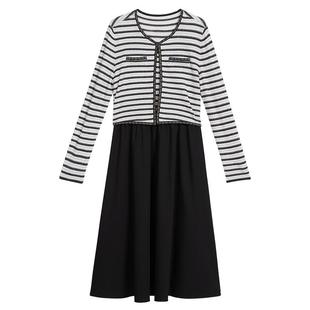 YINER音儿专选秋季法式小香风亮丝横条纹假两件连衣裙