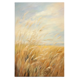 风吹麦浪纯手绘油画麦穗玄关装饰画客厅抽象金色稻田肌理丰收挂画