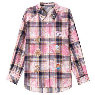 KEIKO [绣花图案] 甜酷风扎染粉色格子衬衫春季美式复古宽松外套