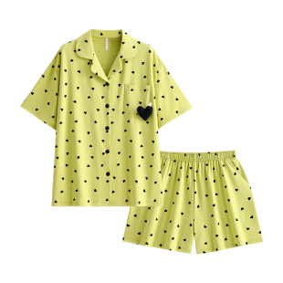 悦内睡衣女士夏季夏天纯棉短袖新款家居服宽松休闲爱心印开衫套装