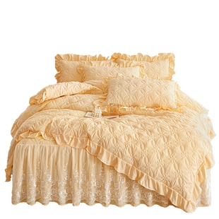 2025冬季加厚床裙四件套蕾丝花边夹棉被套玉色床上用品床单床罩套