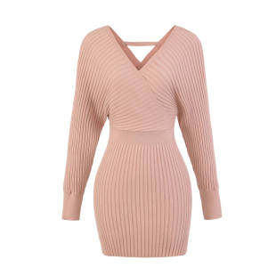 【包邮】欧美风新款V领长袖针织连衣裙女收腰显瘦包臀裙气质短裙