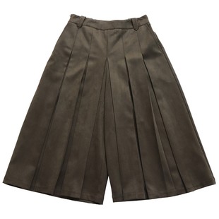 鹿与飞鸟“百慕褶裥”复古仿麂皮 松果棕显瘦阔腿百褶裙裤7215