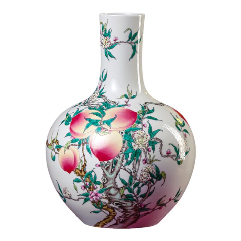 景德鎮(zhèn)陶瓷器大花瓶手繪粉彩九桃天球瓶大號(hào)仿古客廳擺件裝飾瓷瓶