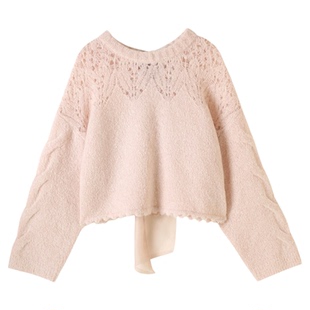 SNIDEL2025秋冬新品甜美圆领镂空钩花蝴蝶结针织衫上衣SWNT254308