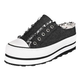 iiJin艾今官方经典7.5cm厚底内增高帆布一脚蹬包头拖鞋女AF788DBU