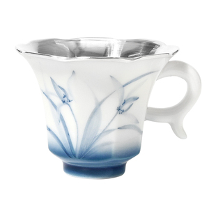 纯银999纯手工银茶杯手绘釉下彩包银杯主人杯品茗杯家用茶杯 知盈