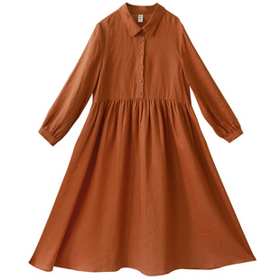 【晚霞暖阳】复古衬衫领长袖连衣裙女2025秋季新款纯色亚麻文艺裙