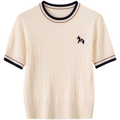 新品-BANANA BABY2026年夏季新款韩系学院风刺绣撞色针织衫短袖女