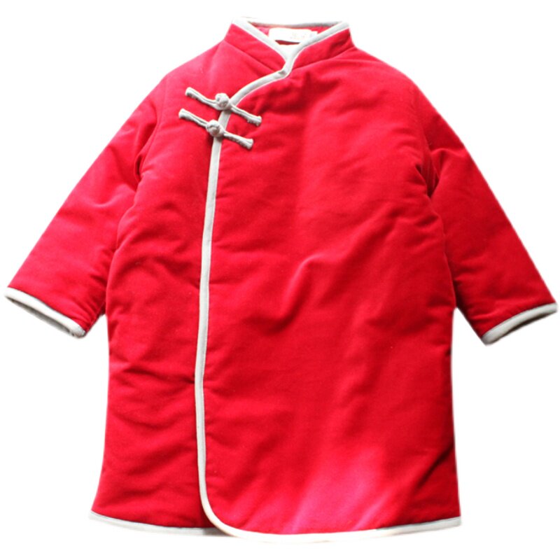 女童红色拜年服过年喜庆旗袍唐装冬加厚唐装汉服抓周生日加长棉衣