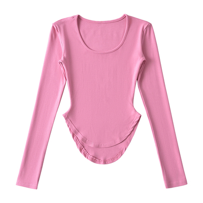 纯欲风弧形下摆收腰长袖T恤上衣