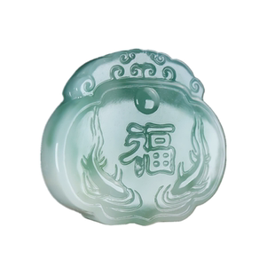 天然和田玉翠青福字玉锁吊坠双面雕刻莲花长命锁玉坠男女款