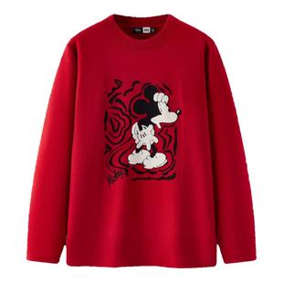 森马迪士尼合作系列毛衣女春季中长款红色oversize提花设计感毛衫