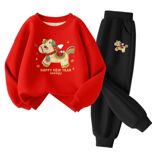 史努比童装儿童新年加绒套装2025新款男孩冬装衣服男童红色卫衣马