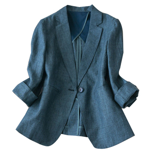薄款透气客供夹花休闲西服夏季时尚孔雀蓝七分袖亚麻西装外套女