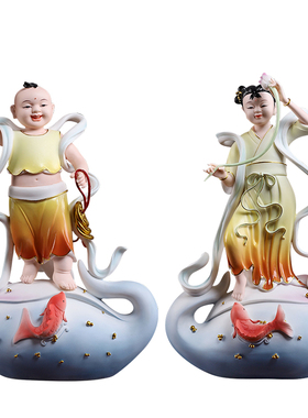 戴玉堂陶瓷摆件《金童玉女一对》善财龙女护法童子像观音对童佛像