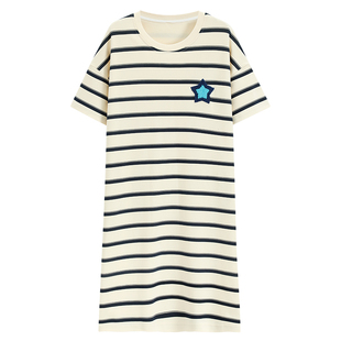 名创优品睡裙夏季女纯棉短袖加大码条纹可外穿睡衣2025新款家居服