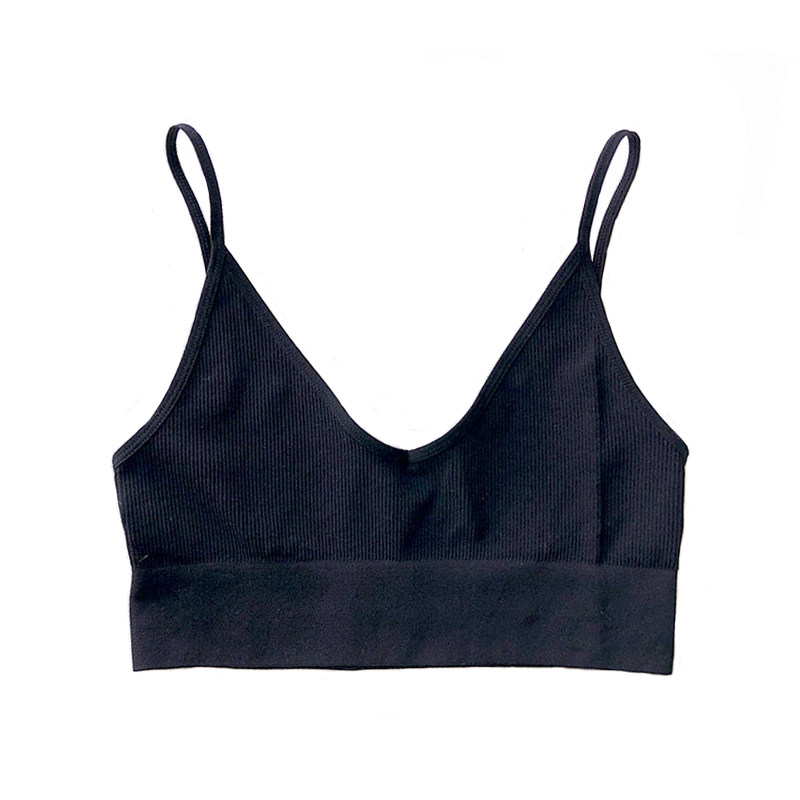 大露背罗纹棉细肩带深V小背心性感舒适文胸无钢圈内衣bralette