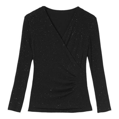 莫代尔打底衫女交叉V领长袖t恤