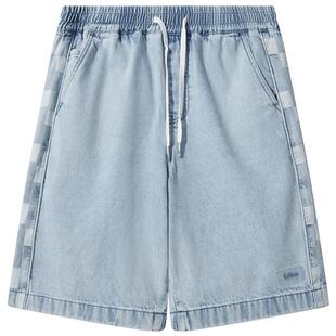 卡宾男装 定制侧边棋盘格织带牛仔休闲短裤夏季新款潮流时尚