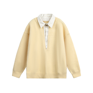 TIRED美式简约假两件套头针织衫秋冬新款情侣宽松POLO衬衫领毛衣