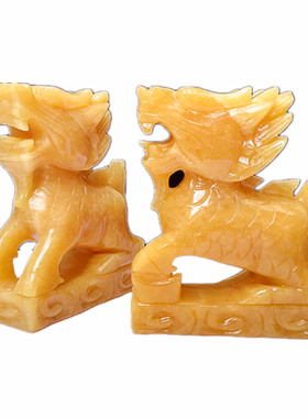 天然米黄玉财富麒麟摆件石雕