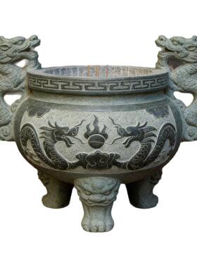 青石双龙耳香炉三足鼎寺庙祭祀炉