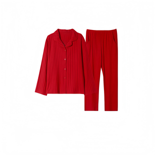 红色条纹真丝睡衣春秋季轻奢高级感翻领马年本命年丝绸缎面家居服