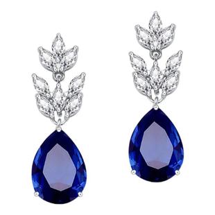 蓝色宝石气质银耳环欧美蓝钻超闪耳钉长款显瘦宴会耳坠无耳洞耳夹