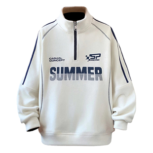 秋冬季新款青少年加绒加厚半拉链卫衣字母印花设计保暖百搭打底衫