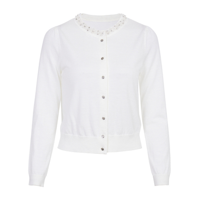 婉甸2025年秋季水钻针织小香风米白珍珠领边毛织开衫1243W08RJ3