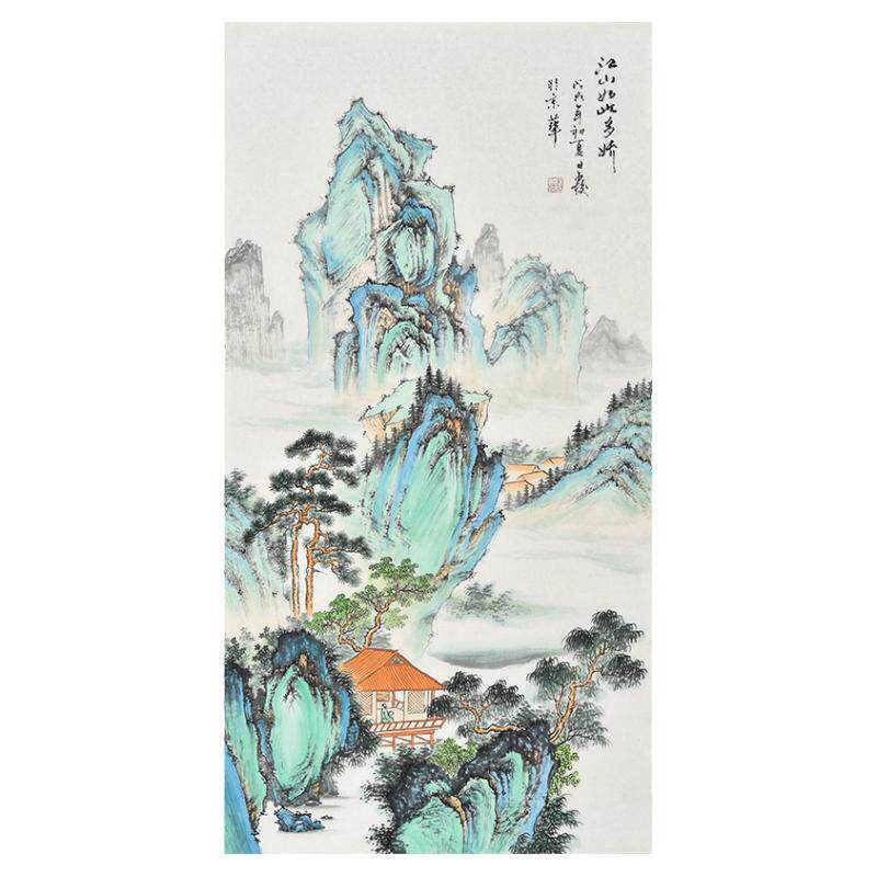 当代实力画家纯手绘国画工笔画青绿仿古山水画客厅书房办公室挂画