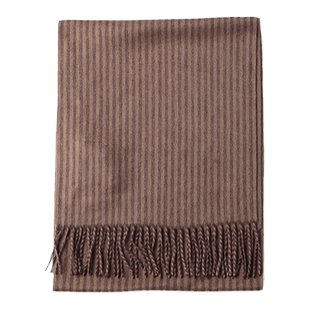 圣雪绒秋冬新款100%山羊绒驼褐竖条纹流苏围巾