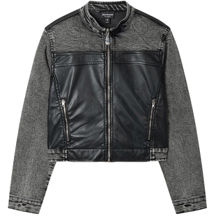 Juicy Couture橘滋外套女26春夏新款仿皮拼接机车牛仔夹克上衣