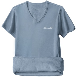 短袖t恤男生秋冬季加绒加厚V领上衣服潮流半袖保暖打底衫印花体恤