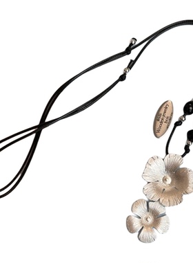 复古银色拉丝花朵吊坠项链女民族风复古高级感毛衣链小众挂脖配饰