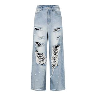 WithoutMe/FEAR4FREE 猫爪毛须水洗破坏破洞廓形牛仔长裤直筒拖地